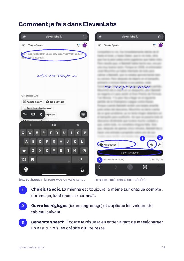 Page du guide : captures annotées d’ElevenLabs